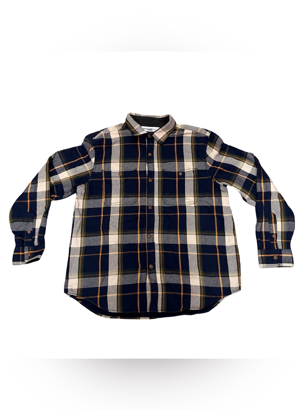 Mens Heavyweight Plaid Flannel Shacket XL Button Up Blue Orange Check Old Navy